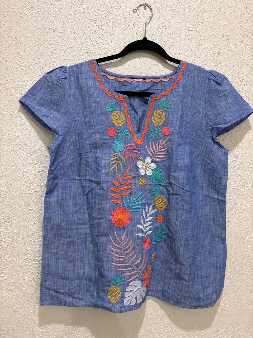 Blue Embroidered Floral Short Sleeve Top